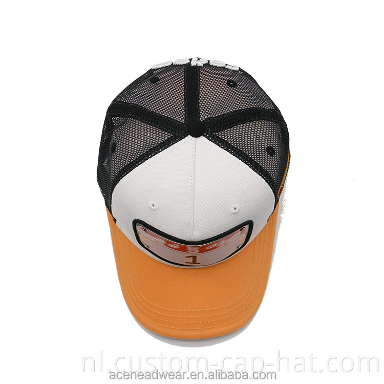 Aangepaste honkbalhoed met metalen plaat, gele randtrucker hoedpet, 3D geborduurde ruglogo zwarte mesh cap